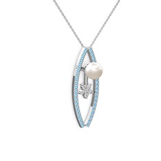 Lenta İnci Kolye - Inci, akuamarin ve pırlanta 14 ayar beyaz altın kolye (0.066 karat, 40 cm beyaz altın rolo zincir) #1po7ikb