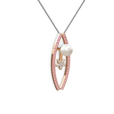 Lenta İnci Kolye - Inci, pembe kuvars ve pırlanta 925 ayar rose altın kaplama gümüş kolye (0.066 karat, 40 cm gümüş rolo zincir) #1q7x3sp