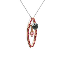 Siyah inci, rodolit garnet ve pembe kuvars 18 ayar rose altın kolye (40 cm beyaz altın rolo zincir)