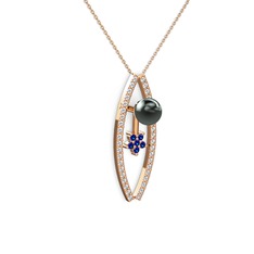 Siyah inci, swarovski ve lab safir 8 ayar rose altın kolye (40 cm rose altın rolo zincir)