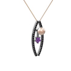 Lenta İnci Kolye - Pembe inci, siyah zirkon ve ametist 925 ayar siyah rodyum kaplama gümüş kolye (40 cm gümüş rolo zincir) #1qdupmp