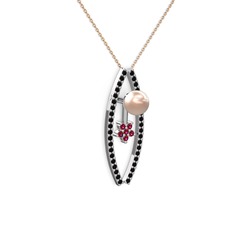 Pembe inci, siyah zirkon ve rodolit garnet 14 ayar beyaz altın kolye (40 cm gümüş rolo zincir)