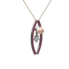 Lenta İnci Kolye - Pembe inci, rodolit garnet ve pırlanta 925 ayar siyah rodyum kaplama gümüş kolye (0.066 karat, 40 cm rose altın rolo zincir) #1qrd2q5