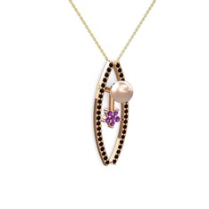 Lenta İnci Kolye - Pembe inci, siyah zirkon ve ametist 925 ayar rose altın kaplama gümüş kolye (40 cm altın rolo zincir) #1qu8txw