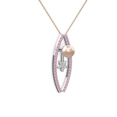 Pembe inci, pembe kuvars ve pırlanta 8 ayar beyaz altın kolye (0.066 karat, 40 cm rose altın rolo zincir)