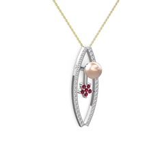 Lenta İnci Kolye - Pembe inci, swarovski ve rodolit garnet 14 ayar beyaz altın kolye (40 cm altın rolo zincir) #1qyu1g4