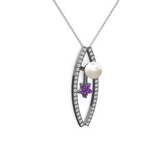 Lenta İnci Kolye - Inci, swarovski ve ametist 925 ayar siyah rodyum kaplama gümüş kolye (40 cm beyaz altın rolo zincir) #1r3a26d