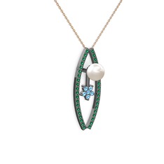 Lenta İnci Kolye - Inci, yeşil kuvars ve akuamarin 925 ayar siyah rodyum kaplama gümüş kolye (40 cm rose altın rolo zincir) #1ringdw