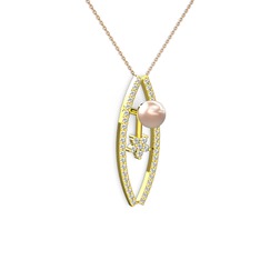 Lenta İnci Kolye - Pembe inci ve swarovski 8 ayar altın kolye (40 cm rose altın rolo zincir) #1rjqkdo