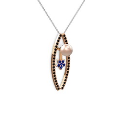 Pembe inci, siyah zirkon ve lab safir 8 ayar rose altın kolye (40 cm beyaz altın rolo zincir)