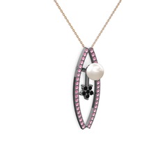 Inci, pembe kuvars ve siyah zirkon 925 ayar siyah rodyum kaplama gümüş kolye (40 cm rose altın rolo zincir)