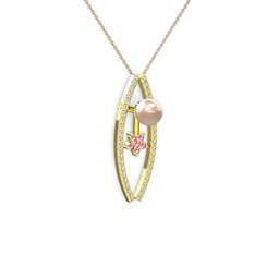 Lenta İnci Kolye - Pembe inci, swarovski ve pembe kuvars 8 ayar altın kolye (40 cm rose altın rolo zincir) #1rxaqom