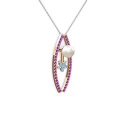 Inci, ametist ve akuamarin 925 ayar rose altın kaplama gümüş kolye (40 cm beyaz altın rolo zincir)