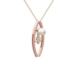 Lenta İnci Kolye - Inci, pembe kuvars ve pırlanta 925 ayar rose altın kaplama gümüş kolye (0.066 karat, 40 cm rose altın rolo zincir) #1s6nfj4