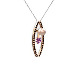 Lenta İnci Kolye - Pembe inci, siyah zirkon ve ametist 8 ayar rose altın kolye (40 cm beyaz altın rolo zincir) #1s7o19w