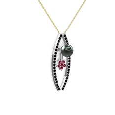 Lenta İnci Kolye - Siyah inci, siyah zirkon ve rodolit garnet 14 ayar beyaz altın kolye (40 cm altın rolo zincir) #1sjr6s8