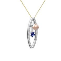 Lenta İnci Kolye - Pembe inci, swarovski ve lab safir 925 ayar gümüş kolye (40 cm altın rolo zincir) #1sn288j