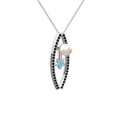 Lenta İnci Kolye - Inci, siyah zirkon ve akuamarin 925 ayar gümüş kolye (40 cm beyaz altın rolo zincir) #1sp4kb3