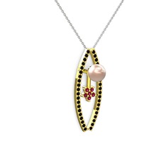 Lenta İnci Kolye - Pembe inci, siyah zirkon ve rodolit garnet 18 ayar altın kolye (40 cm beyaz altın rolo zincir) #1srt2zb