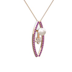 Lenta İnci Kolye - Inci, ametist ve swarovski 8 ayar rose altın kolye (40 cm rose altın rolo zincir) #1sw0xjw