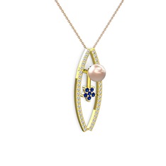 Pembe inci, swarovski ve lab safir 925 ayar altın kaplama gümüş kolye (40 cm gümüş rolo zincir)