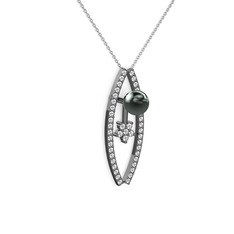 Lenta İnci Kolye - Siyah inci, pırlanta ve swarovski 925 ayar siyah rodyum kaplama gümüş kolye (0.3 karat, 40 cm beyaz altın rolo zincir) #1t6vcu6