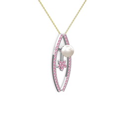 Lenta İnci Kolye - Inci ve pembe kuvars 14 ayar beyaz altın kolye (40 cm gümüş rolo zincir) #1t9br6u