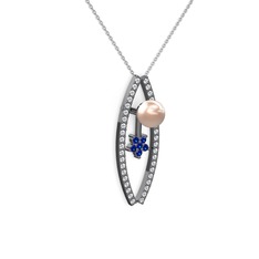 Lenta İnci Kolye - Pembe inci, swarovski ve lab safir 925 ayar siyah rodyum kaplama gümüş kolye (40 cm beyaz altın rolo zincir) #1tbefca
