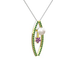 Lenta İnci Kolye - Inci, yeşil kuvars ve ametist 8 ayar altın kolye (40 cm beyaz altın rolo zincir) #1tchbxm