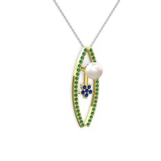 Lenta İnci Kolye - Inci, yeşil kuvars ve lab safir 14 ayar altın kolye (40 cm beyaz altın rolo zincir) #1tgvrfx