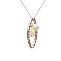 Lenta İnci Kolye - Inci, ametist ve swarovski 14 ayar altın kolye (40 cm beyaz altın rolo zincir) #1tifle8