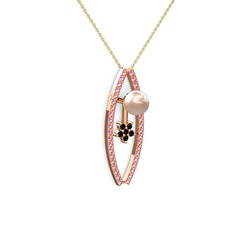 Pembe inci, pembe kuvars ve siyah zirkon 8 ayar rose altın kolye (40 cm altın rolo zincir)
