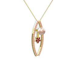Pembe inci, pembe kuvars ve rodolit garnet 14 ayar altın kolye (40 cm altın rolo zincir)