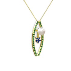 Lenta İnci Kolye - Inci, yeşil kuvars ve lab safir 8 ayar altın kolye (40 cm altın rolo zincir) #1u5dg0a