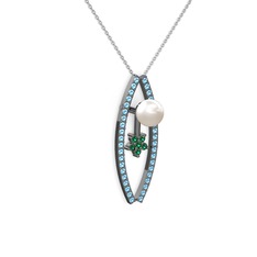 Lenta İnci Kolye - Inci, akuamarin ve yeşil kuvars 925 ayar siyah rodyum kaplama gümüş kolye (40 cm beyaz altın rolo zincir) #1u7fd34