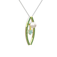 Lenta İnci Kolye - Inci, yeşil kuvars ve akuamarin 8 ayar altın kolye (40 cm beyaz altın rolo zincir) #1ugpg55