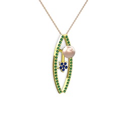 Lenta İnci Kolye - Pembe inci, yeşil kuvars ve lab safir 18 ayar altın kolye (40 cm rose altın rolo zincir) #1ujlov4