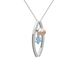 Lenta İnci Kolye - Pembe inci, swarovski ve akuamarin 18 ayar beyaz altın kolye (40 cm gümüş rolo zincir) #1uq414y