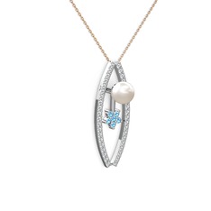 Lenta İnci Kolye - Inci, pırlanta ve akuamarin 925 ayar gümüş kolye (0.3 karat, 40 cm rose altın rolo zincir) #1ur9s2x