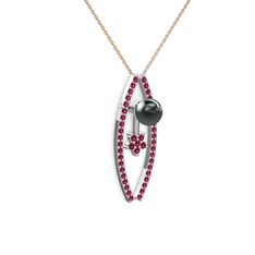 Lenta İnci Kolye - Siyah inci ve rodolit garnet 8 ayar beyaz altın kolye (40 cm rose altın rolo zincir) #1ure8q3