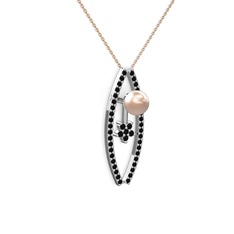 Lenta İnci Kolye - Pembe inci ve siyah zirkon 8 ayar beyaz altın kolye (40 cm rose altın rolo zincir) #1url9hw
