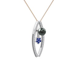Siyah inci, swarovski ve lab safir 8 ayar beyaz altın kolye (40 cm rose altın rolo zincir)