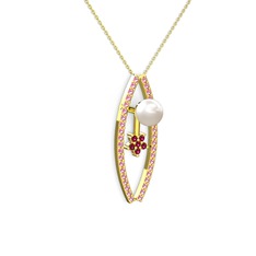 Lenta İnci Kolye - Inci, pembe kuvars ve rodolit garnet 925 ayar altın kaplama gümüş kolye (40 cm altın rolo zincir) #1uvttxh
