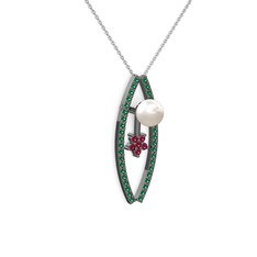 Lenta İnci Kolye - Inci, yeşil kuvars ve rodolit garnet 925 ayar siyah rodyum kaplama gümüş kolye (40 cm beyaz altın rolo zincir) #1v78r35