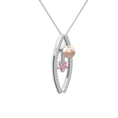 Pembe inci, swarovski ve pembe kuvars 14 ayar beyaz altın kolye (40 cm beyaz altın rolo zincir)