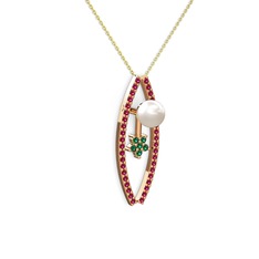 Lenta İnci Kolye - Inci, rodolit garnet ve yeşil kuvars 14 ayar rose altın kolye (40 cm altın rolo zincir) #1waoqbs
