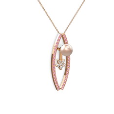 Lenta İnci Kolye - Pembe inci, pembe kuvars ve pırlanta 18 ayar rose altın kolye (0.066 karat, 40 cm rose altın rolo zincir) #1wcyopm