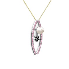 Inci, pembe kuvars ve siyah zirkon 925 ayar gümüş kolye (40 cm gümüş rolo zincir)