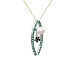 Lenta İnci Kolye - Inci, yeşil kuvars ve siyah zirkon 18 ayar beyaz altın kolye (40 cm altın rolo zincir) #1wm3cdf