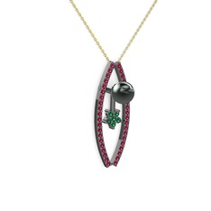 Lenta İnci Kolye - Siyah inci, rodolit garnet ve yeşil kuvars 925 ayar siyah rodyum kaplama gümüş kolye (40 cm altın rolo zincir) #1wqe7io